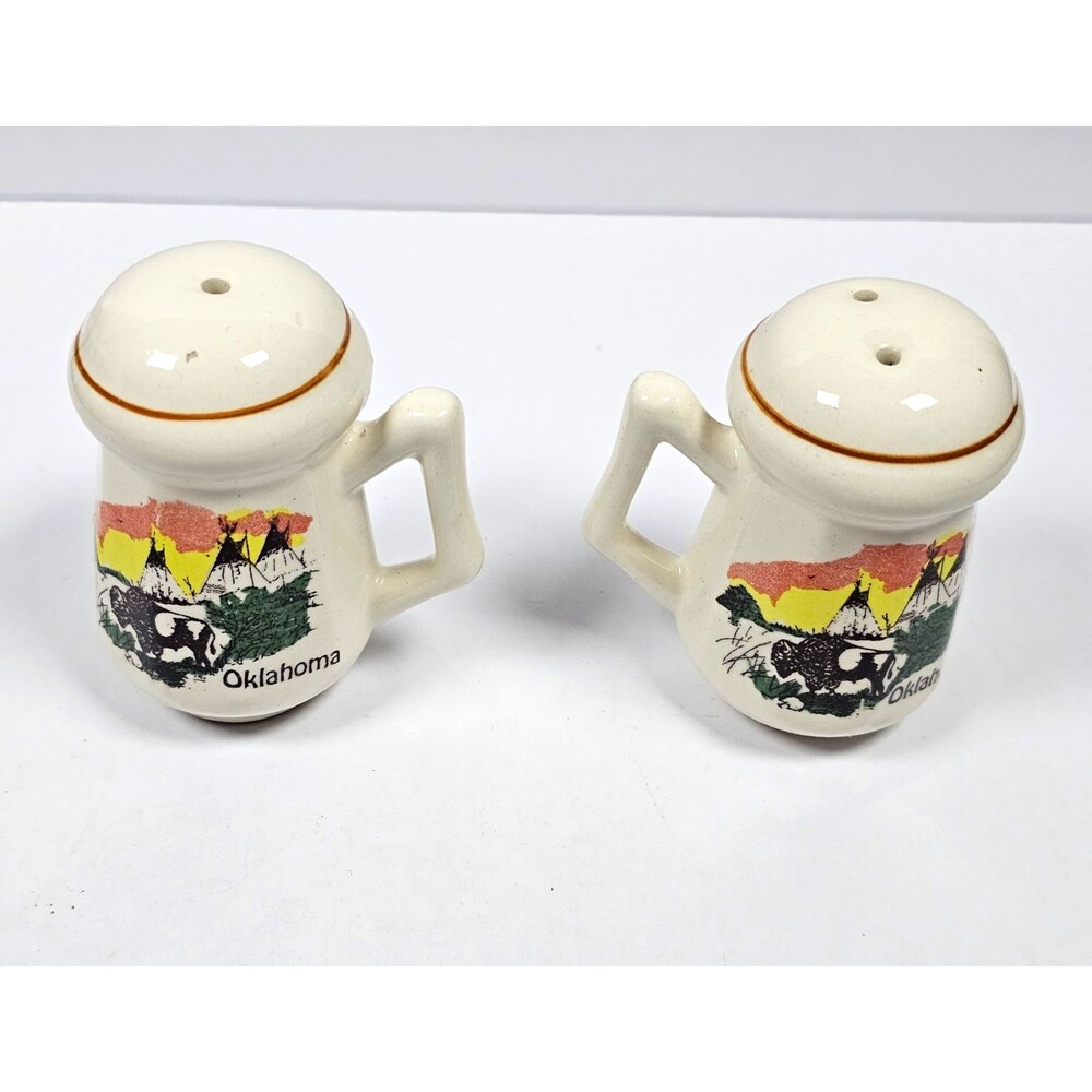 Oklahoma Souvenir Salt Pepper Shakers Set Ceramic White Multicolor w/ Handle
